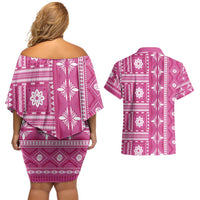 Fiji Masi All Pink Couples Matching Off Shoulder Short Dress and Hawaiian Shirt Tapa Pattern - Polynesian Pride