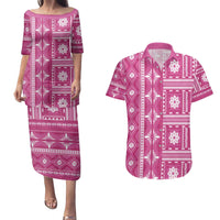 Fiji Masi All Pink Couples Matching Puletasi and Hawaiian Shirt Tapa Pattern - Polynesian Pride