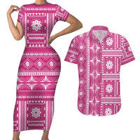Fiji Masi All Pink Couples Matching Short Sleeve Bodycon Dress and Hawaiian Shirt Tapa Pattern - Polynesian Pride