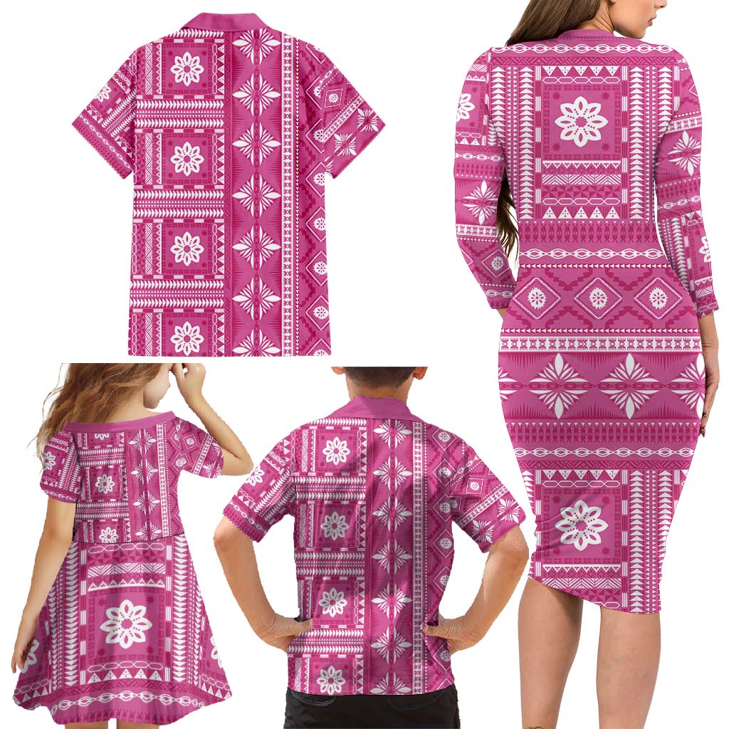 Fiji Masi All Pink Family Matching Long Sleeve Bodycon Dress and Hawaiian Shirt Tapa Pattern - Polynesian Pride