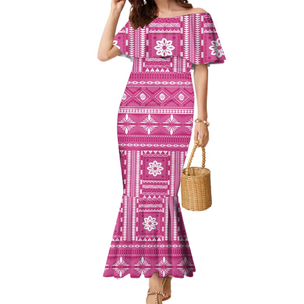 Fiji Masi All Pink Family Matching Mermaid Dress and Hawaiian Shirt Tapa Pattern - Polynesian Pride