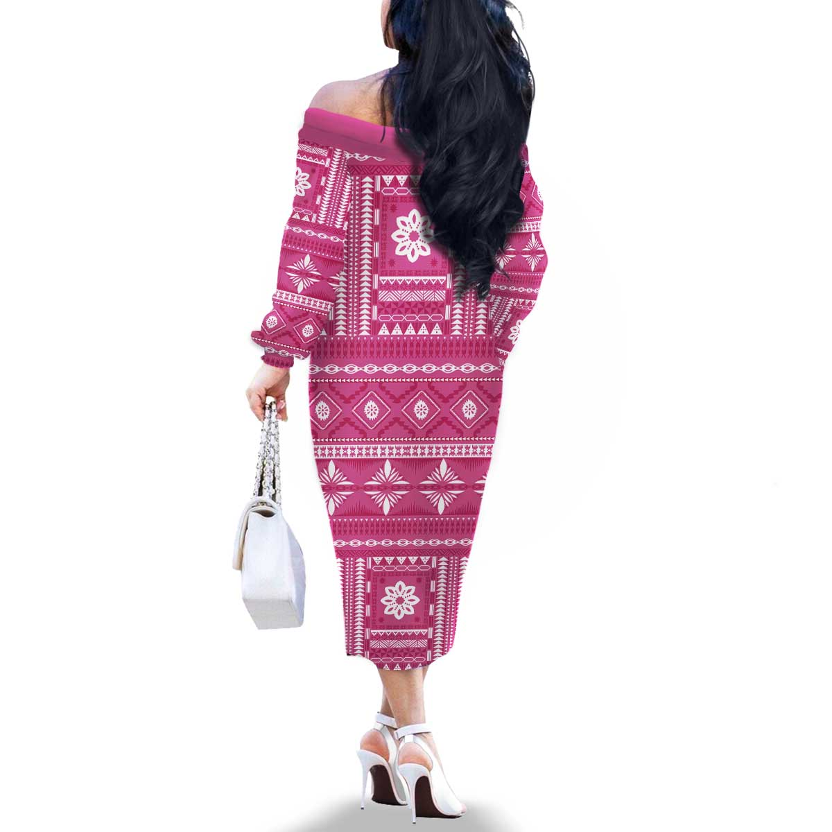 Fiji Masi All Pink Family Matching Off The Shoulder Long Sleeve Dress and Hawaiian Shirt Tapa Pattern - Polynesian Pride