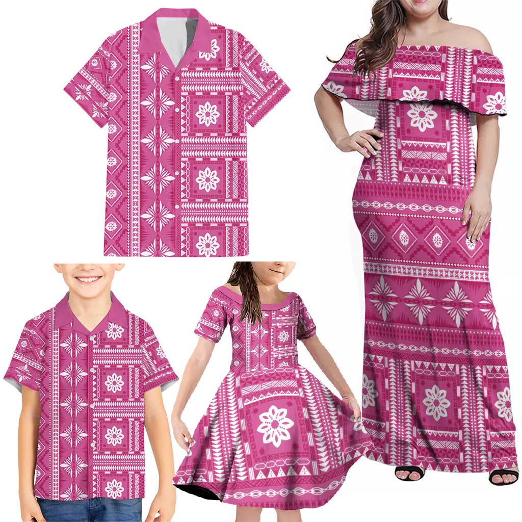 Fiji Masi All Pink Family Matching Off Shoulder Maxi Dress and Hawaiian Shirt Tapa Pattern - Polynesian Pride