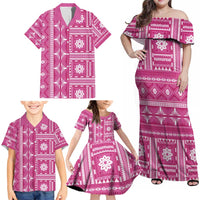 Fiji Masi All Pink Family Matching Off Shoulder Maxi Dress and Hawaiian Shirt Tapa Pattern - Polynesian Pride