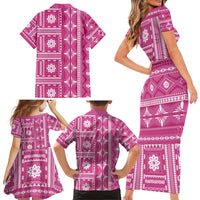 Fiji Masi All Pink Family Matching Short Sleeve Bodycon Dress and Hawaiian Shirt Tapa Pattern - Polynesian Pride