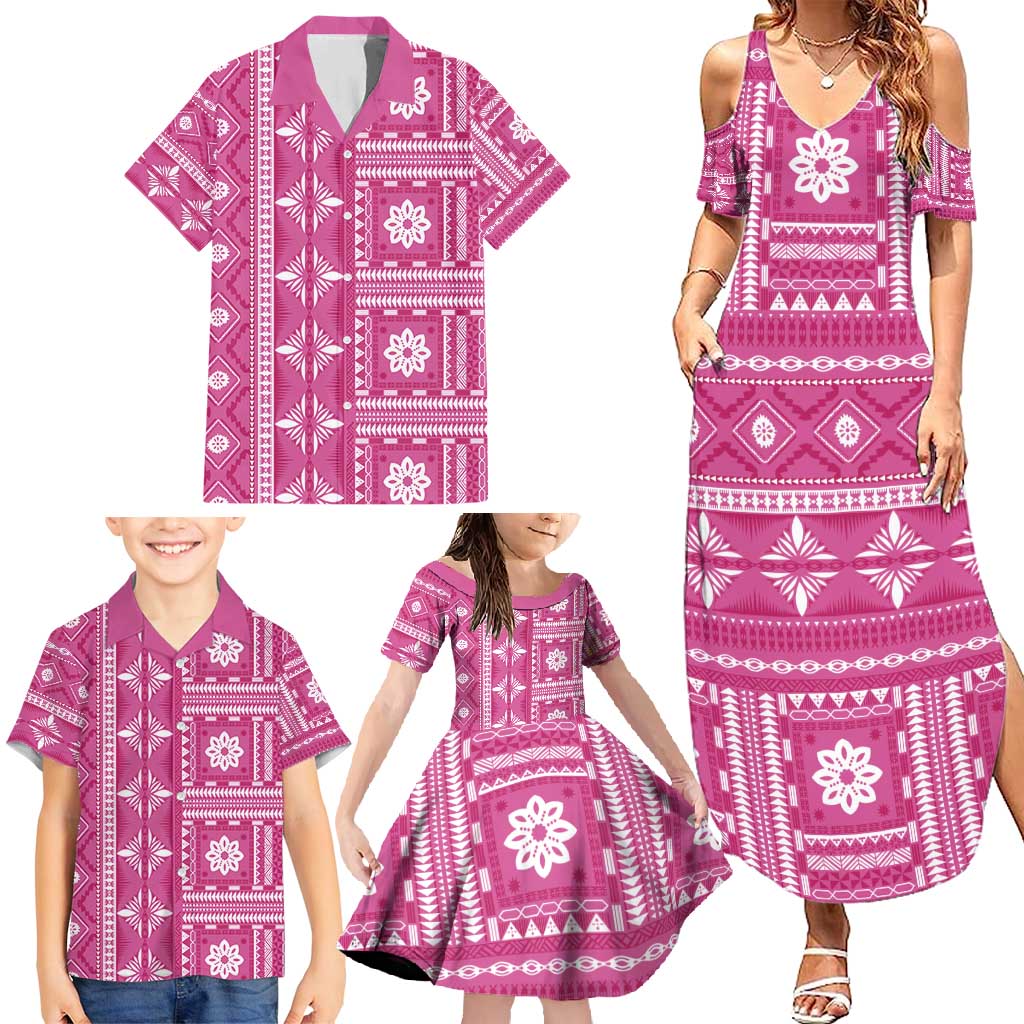 Fiji Masi All Pink Family Matching Summer Maxi Dress and Hawaiian Shirt Tapa Pattern - Polynesian Pride