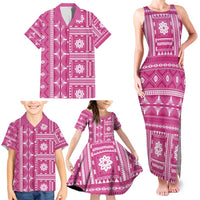 Fiji Masi All Pink Family Matching Tank Maxi Dress and Hawaiian Shirt Tapa Pattern - Polynesian Pride