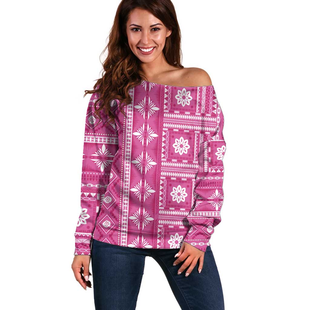 Fiji Masi All Pink Off Shoulder Sweater Tapa Pattern - Polynesian Pride