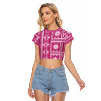 Fiji Masi All Pink Raglan Cropped T Shirt Tapa Pattern - Polynesian Pride