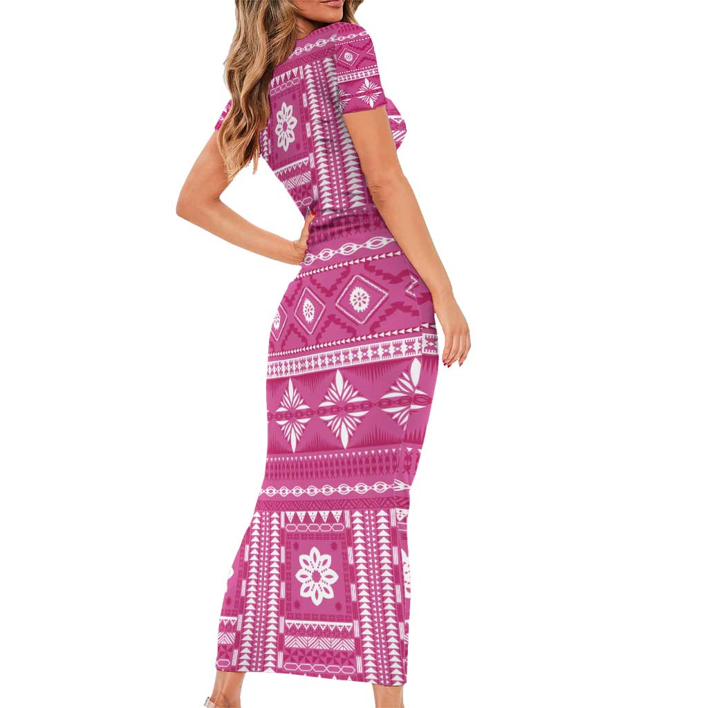 Fiji Masi All Pink Short Sleeve Bodycon Dress Tapa Pattern - Polynesian Pride