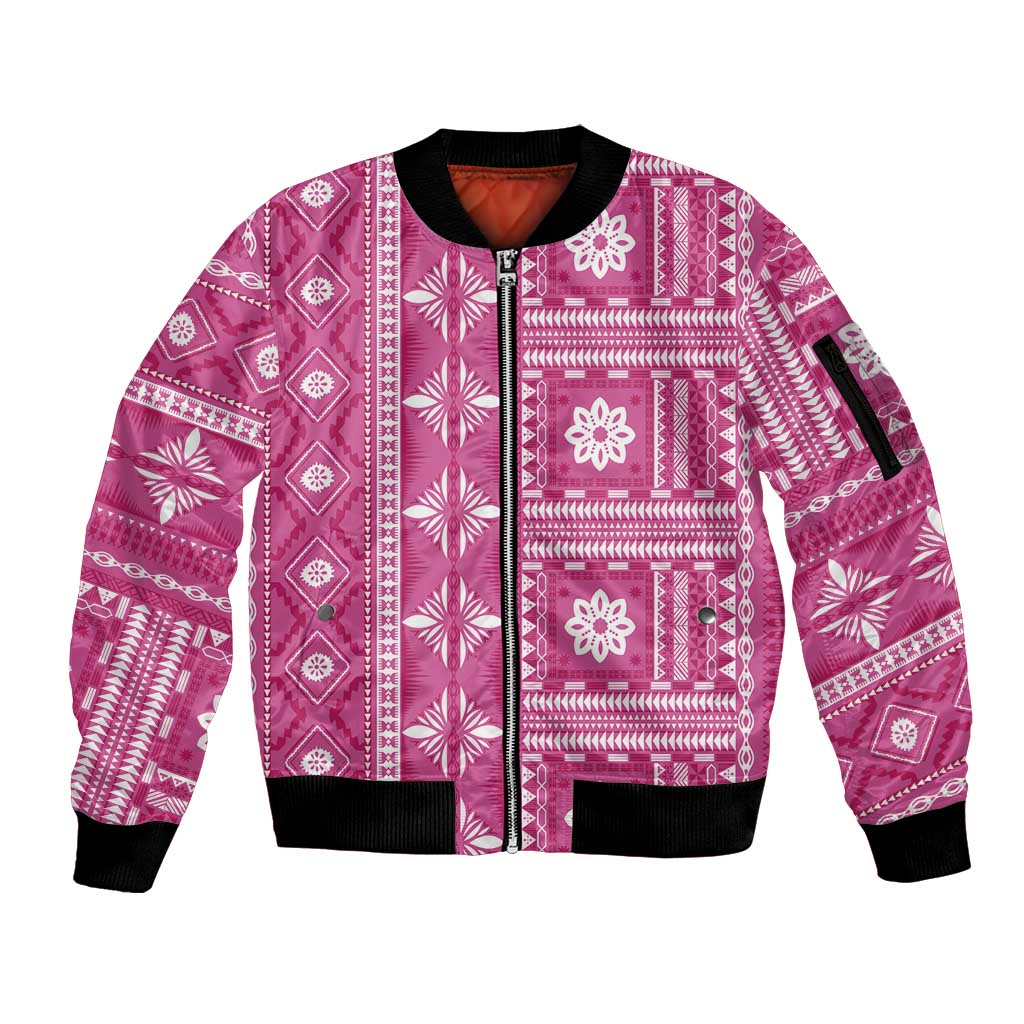 Fiji Masi All Pink Sleeve Zip Bomber Jacket Tapa Pattern - Polynesian Pride