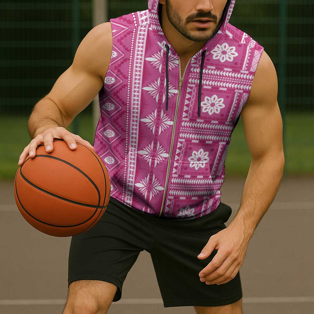 Fiji Masi All Pink Sleeveless Zip Hoodie Tapa Pattern - Polynesian Pride