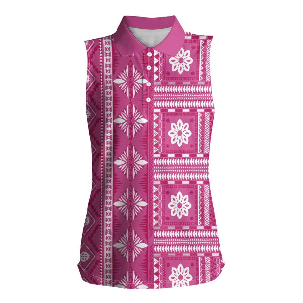 Fiji Masi All Pink Women Sleeveless Polo Shirt Tapa Pattern - Polynesian Pride