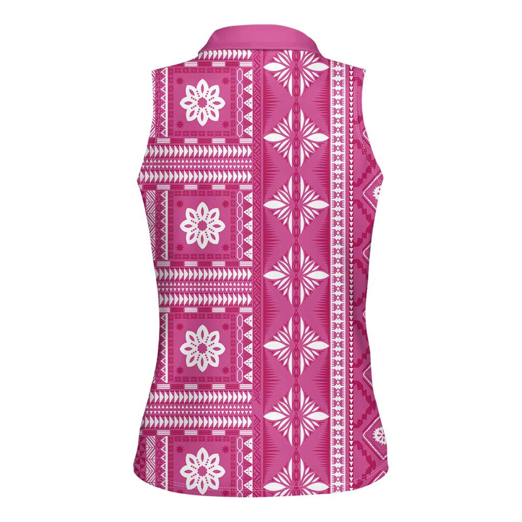 Fiji Masi All Pink Women Sleeveless Polo Shirt Tapa Pattern - Polynesian Pride
