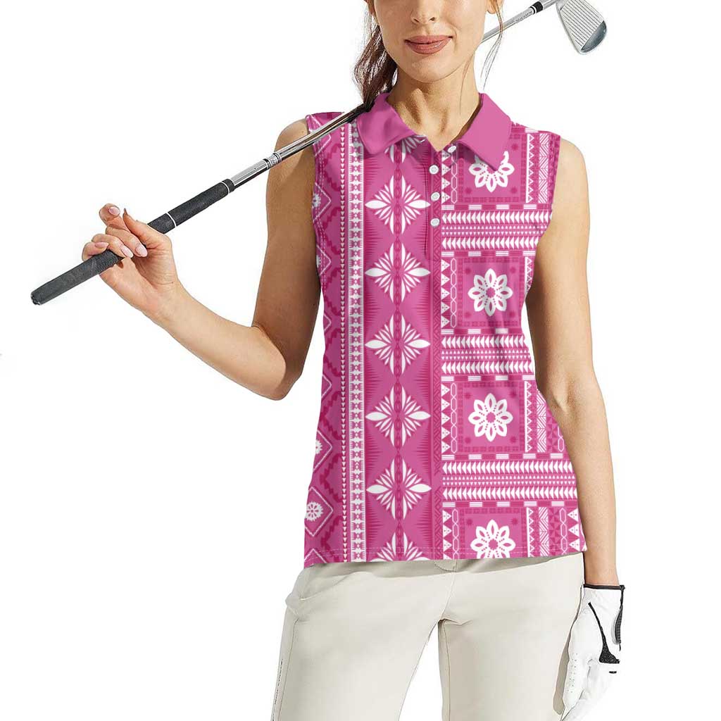 Fiji Masi All Pink Women Sleeveless Polo Shirt Tapa Pattern - Polynesian Pride