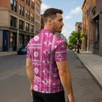 Fiji Masi All Pink Zipper Polo Shirt Tapa Pattern - Polynesian Pride