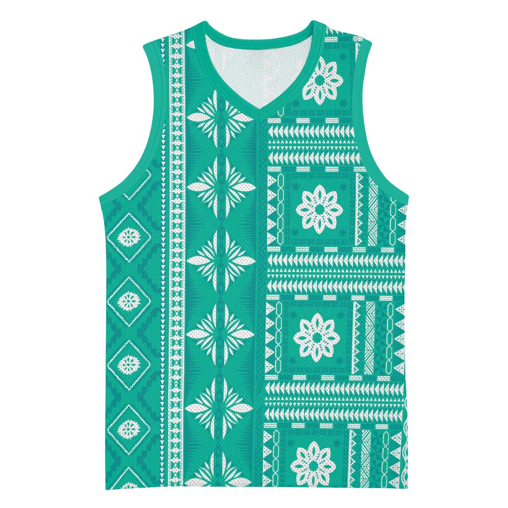Fiji Masi All Teal Basketball Jersey Tapa Pattern - Polynesian Pride