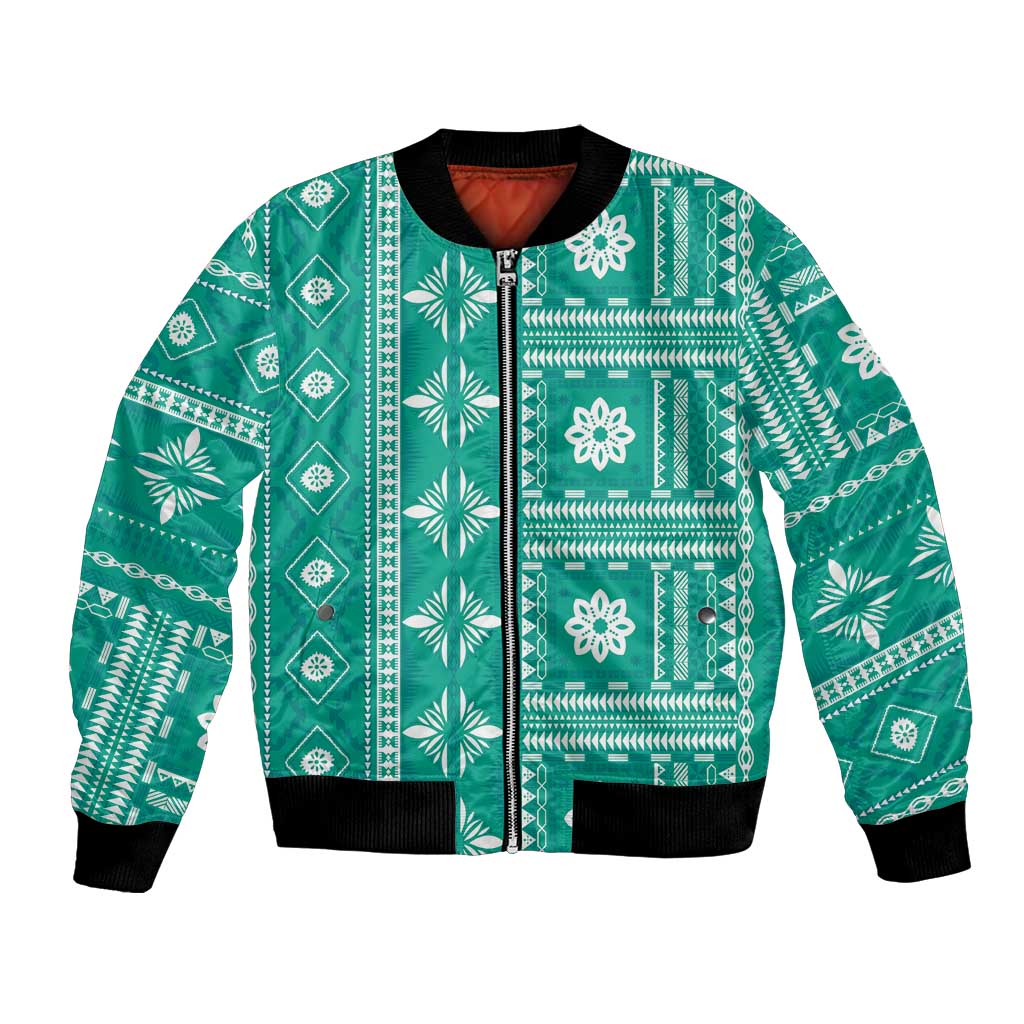 Fiji Masi All Teal Bomber Jacket Tapa Pattern - Polynesian Pride