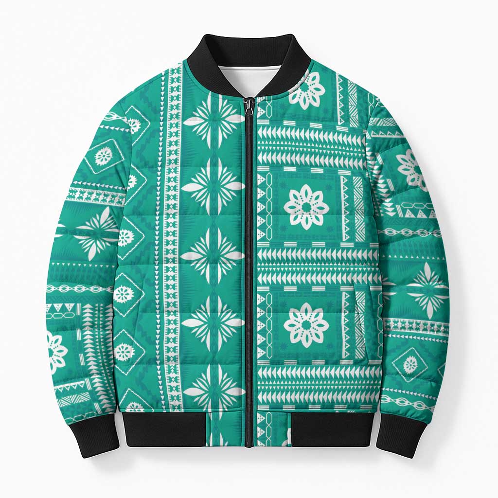 Fiji Masi All Teal Bomber Puffer Jacket Tapa Pattern - Polynesian Pride