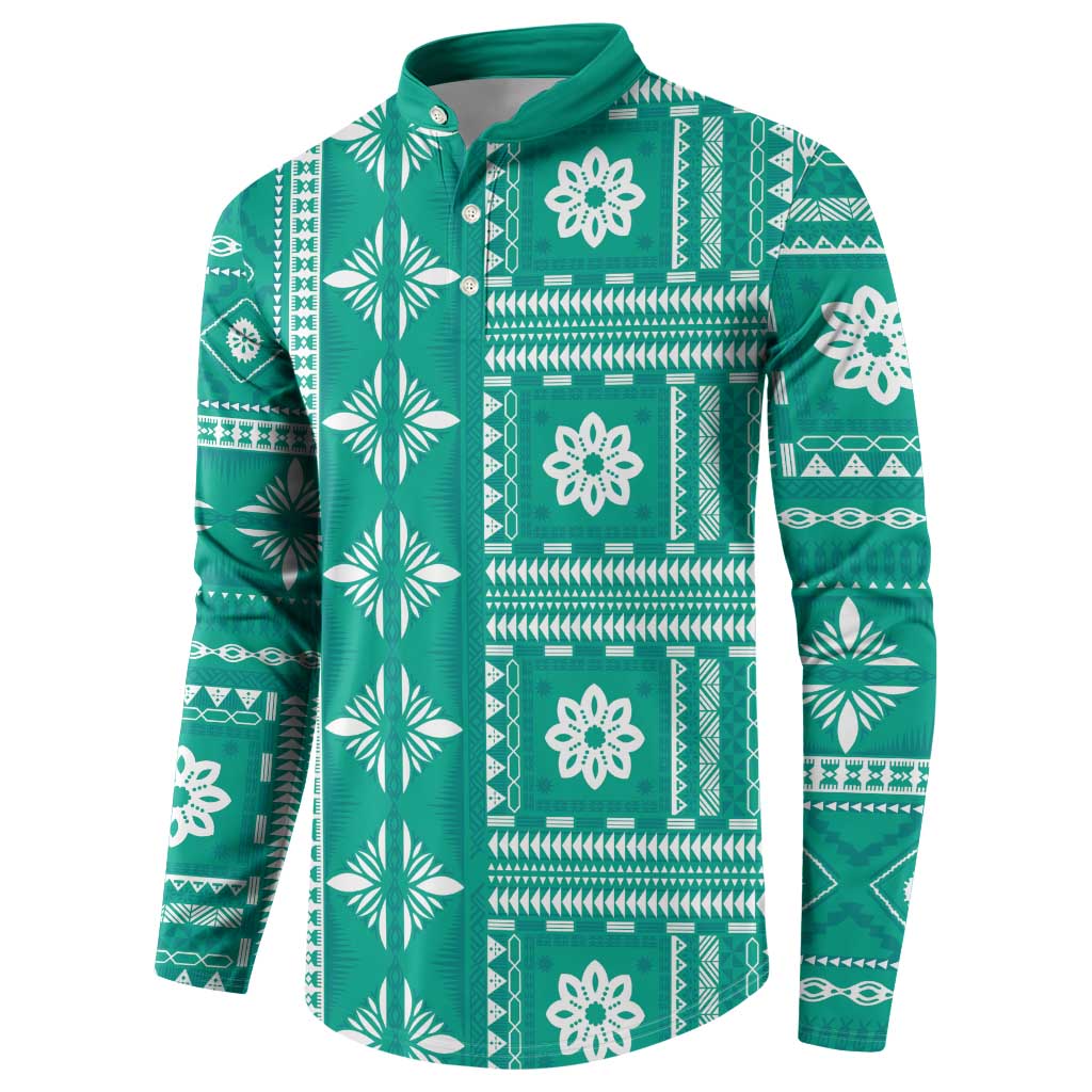 Fiji Masi All Teal Button Sweatshirt Tapa Pattern - Polynesian Pride