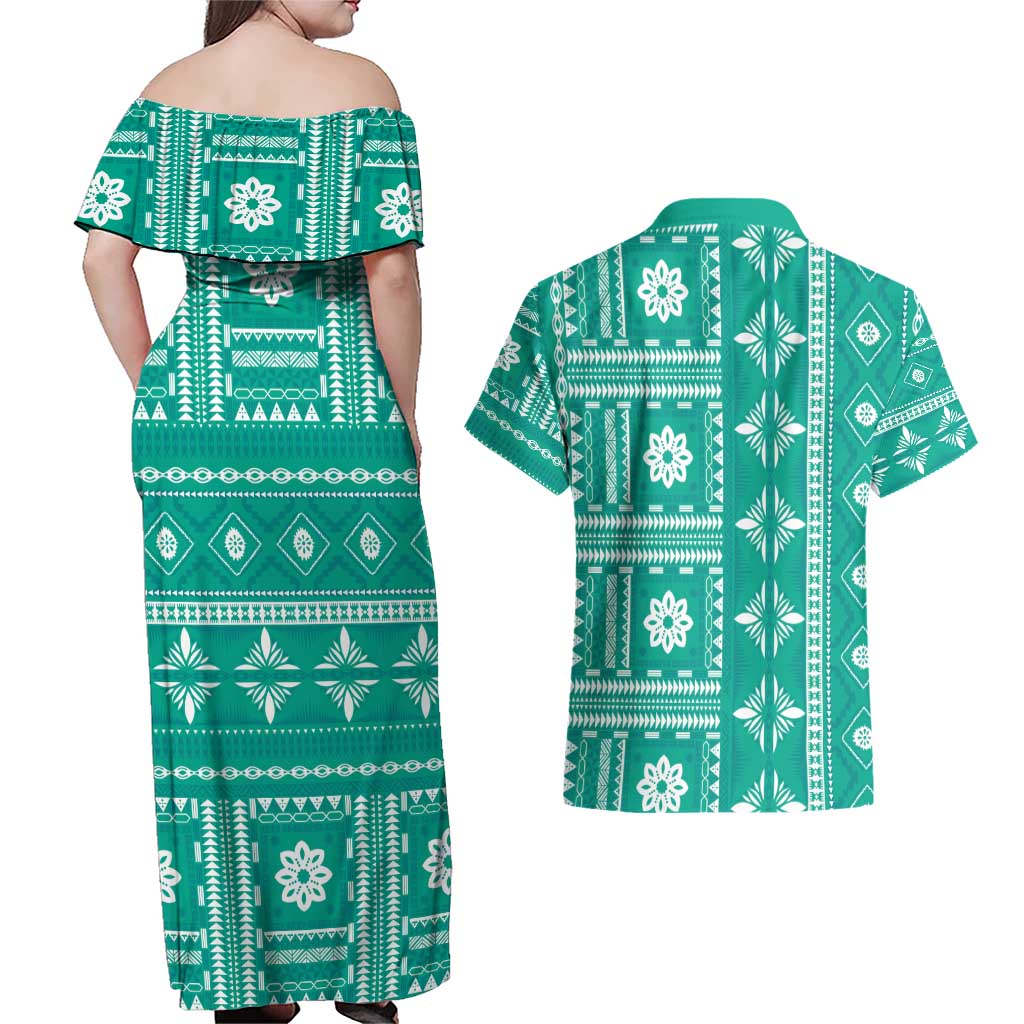Fiji Masi All Teal Couples Matching Off Shoulder Maxi Dress and Hawaiian Shirt Tapa Pattern - Polynesian Pride