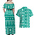 Fiji Masi All Teal Couples Matching Off Shoulder Maxi Dress and Hawaiian Shirt Tapa Pattern - Polynesian Pride