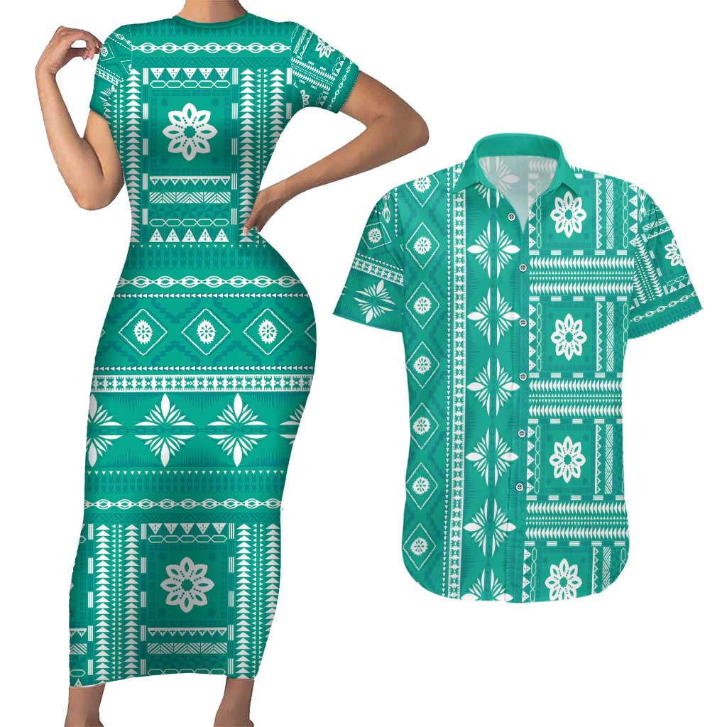 Fiji Masi All Teal Couples Matching Short Sleeve Bodycon Dress and Hawaiian Shirt Tapa Pattern - Polynesian Pride