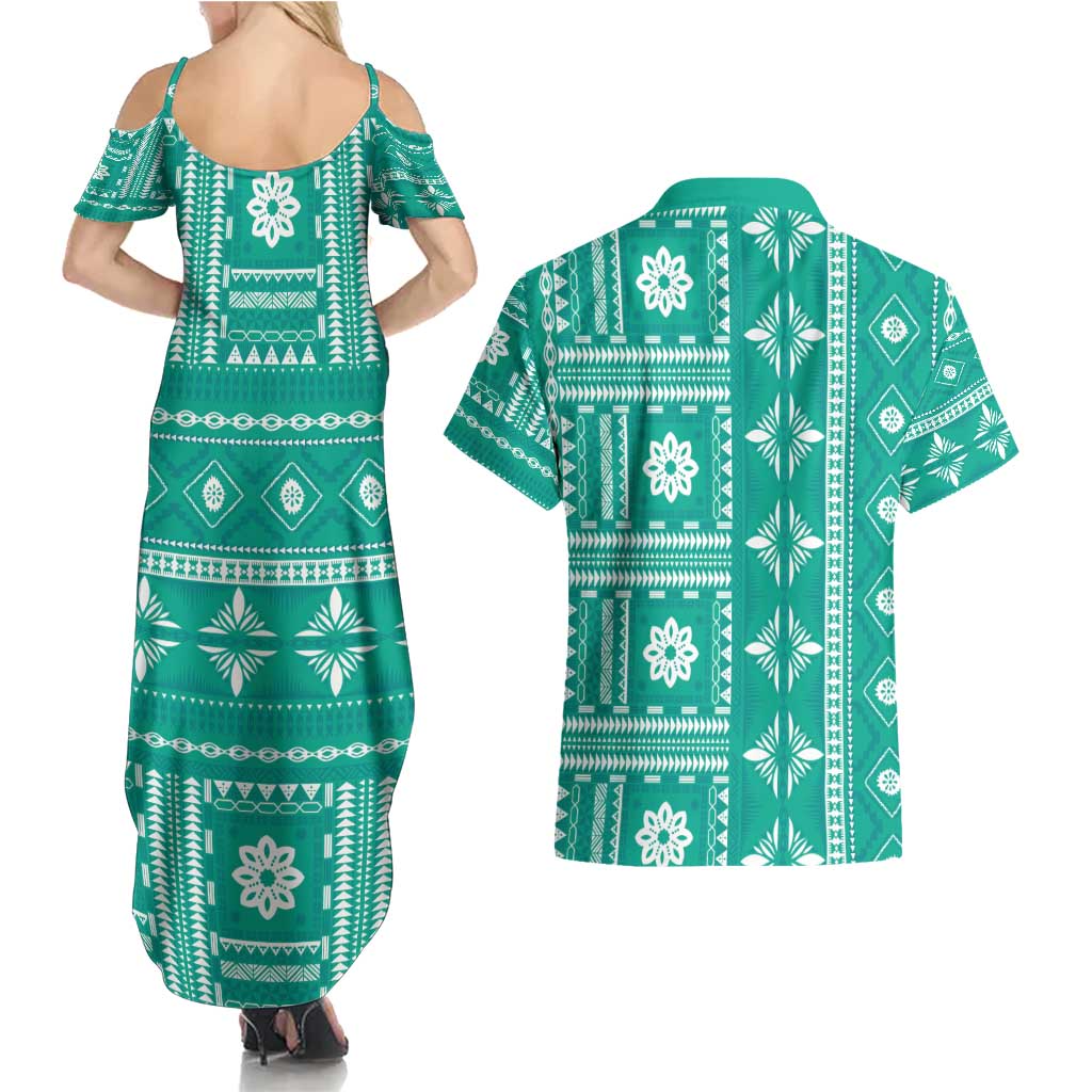Fiji Masi All Teal Couples Matching Summer Maxi Dress and Hawaiian Shirt Tapa Pattern - Polynesian Pride