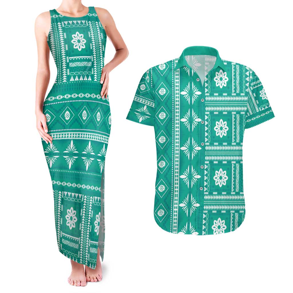 Fiji Masi All Teal Couples Matching Tank Maxi Dress and Hawaiian Shirt Tapa Pattern - Polynesian Pride