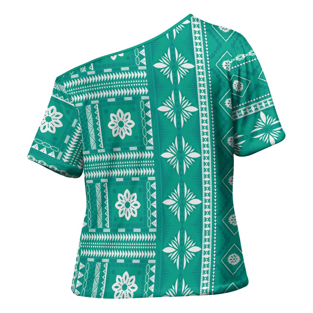 Fiji Masi All Teal Cross Shoulder Shirt Tapa Pattern - Polynesian Pride