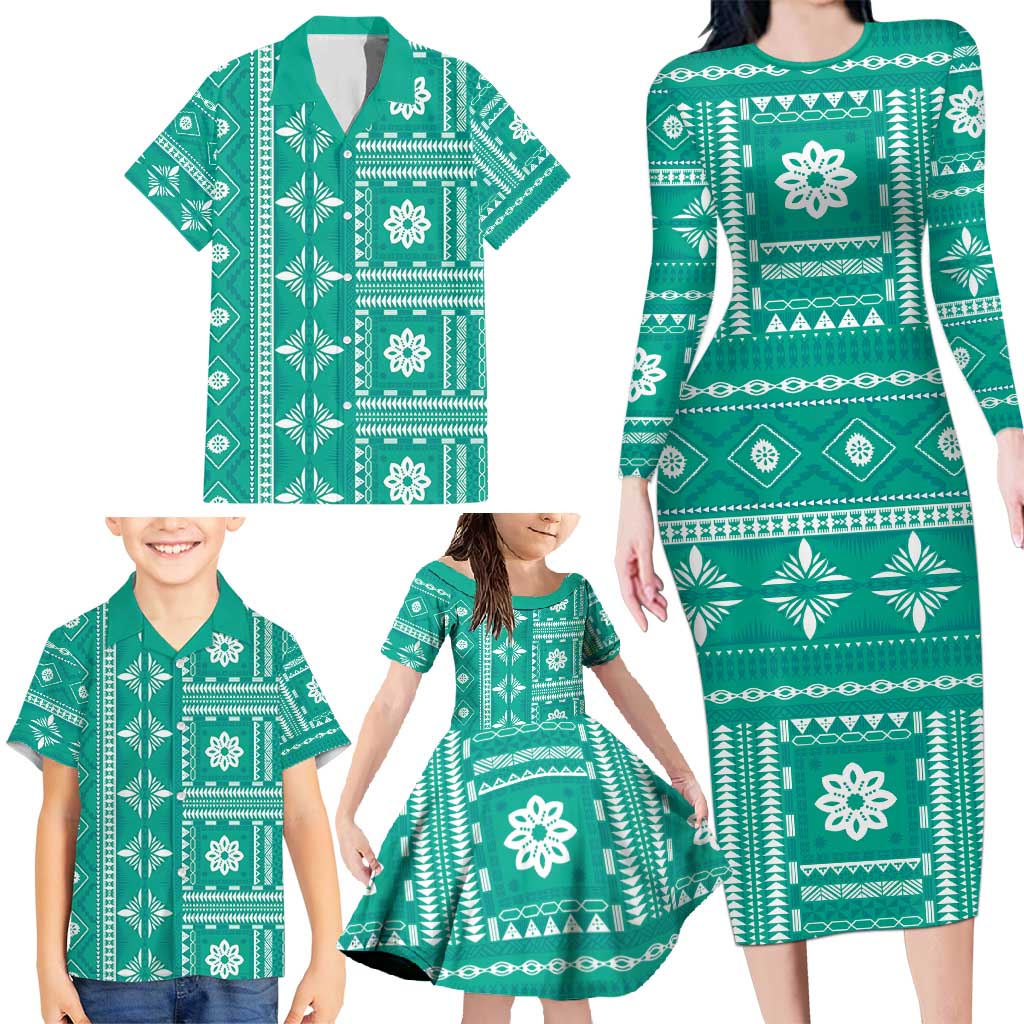 Fiji Masi All Teal Family Matching Long Sleeve Bodycon Dress and Hawaiian Shirt Tapa Pattern - Polynesian Pride