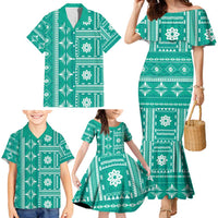 Fiji Masi All Teal Family Matching Mermaid Dress and Hawaiian Shirt Tapa Pattern - Polynesian Pride