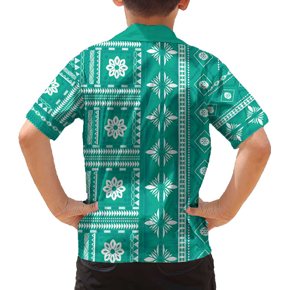 Fiji Masi All Teal Family Matching Off The Shoulder Long Sleeve Dress and Hawaiian Shirt Tapa Pattern - Polynesian Pride