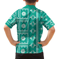 Fiji Masi All Teal Family Matching Off The Shoulder Long Sleeve Dress and Hawaiian Shirt Tapa Pattern - Polynesian Pride