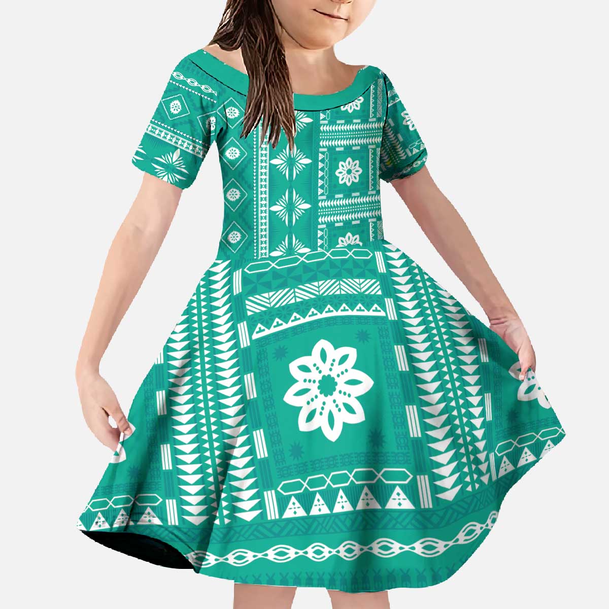 Fiji Masi All Teal Family Matching Off The Shoulder Long Sleeve Dress and Hawaiian Shirt Tapa Pattern - Polynesian Pride
