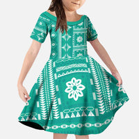 Fiji Masi All Teal Family Matching Off Shoulder Maxi Dress and Hawaiian Shirt Tapa Pattern - Polynesian Pride