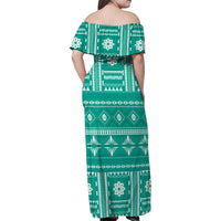 Fiji Masi All Teal Family Matching Off Shoulder Maxi Dress and Hawaiian Shirt Tapa Pattern - Polynesian Pride