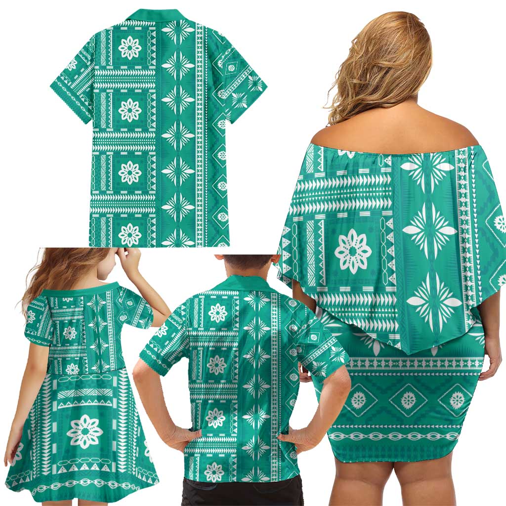 Fiji Masi All Teal Family Matching Off Shoulder Short Dress and Hawaiian Shirt Tapa Pattern - Polynesian Pride