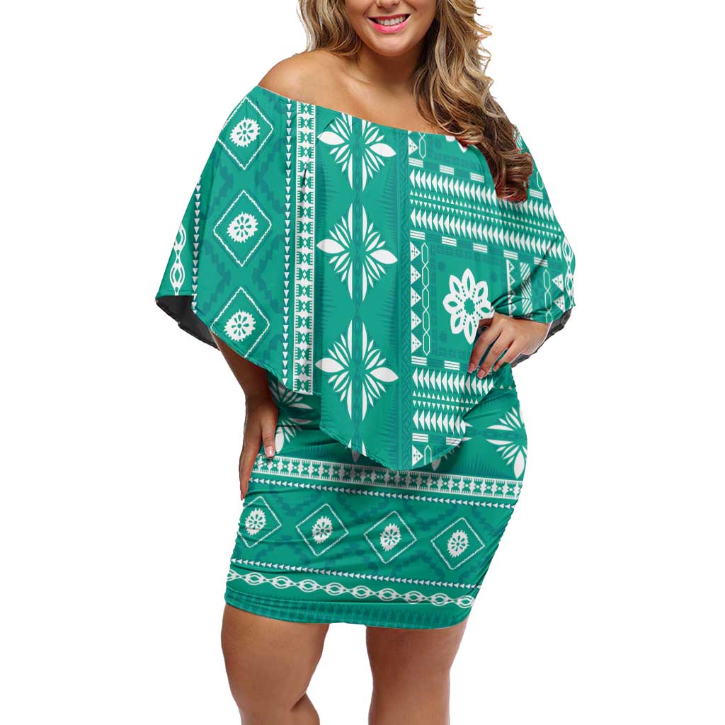 Fiji Masi All Teal Family Matching Off Shoulder Short Dress and Hawaiian Shirt Tapa Pattern - Polynesian Pride