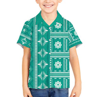 Fiji Masi All Teal Family Matching Puletasi and Hawaiian Shirt Tapa Pattern - Polynesian Pride