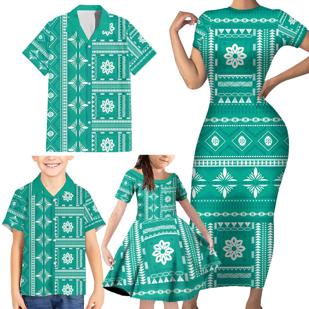 Fiji Masi All Teal Family Matching Short Sleeve Bodycon Dress and Hawaiian Shirt Tapa Pattern - Polynesian Pride
