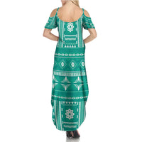 Fiji Masi All Teal Family Matching Summer Maxi Dress and Hawaiian Shirt Tapa Pattern - Polynesian Pride