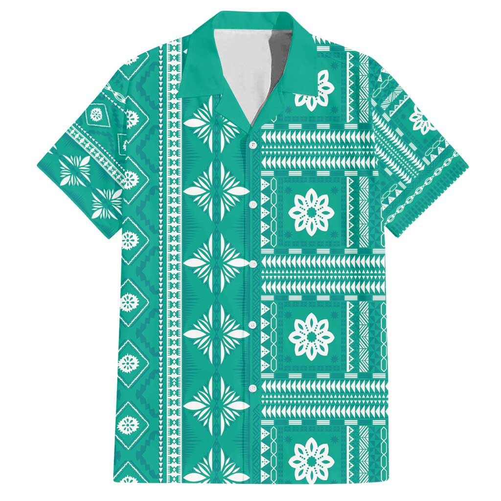 Fiji Masi All Teal Family Matching Tank Maxi Dress and Hawaiian Shirt Tapa Pattern - Polynesian Pride