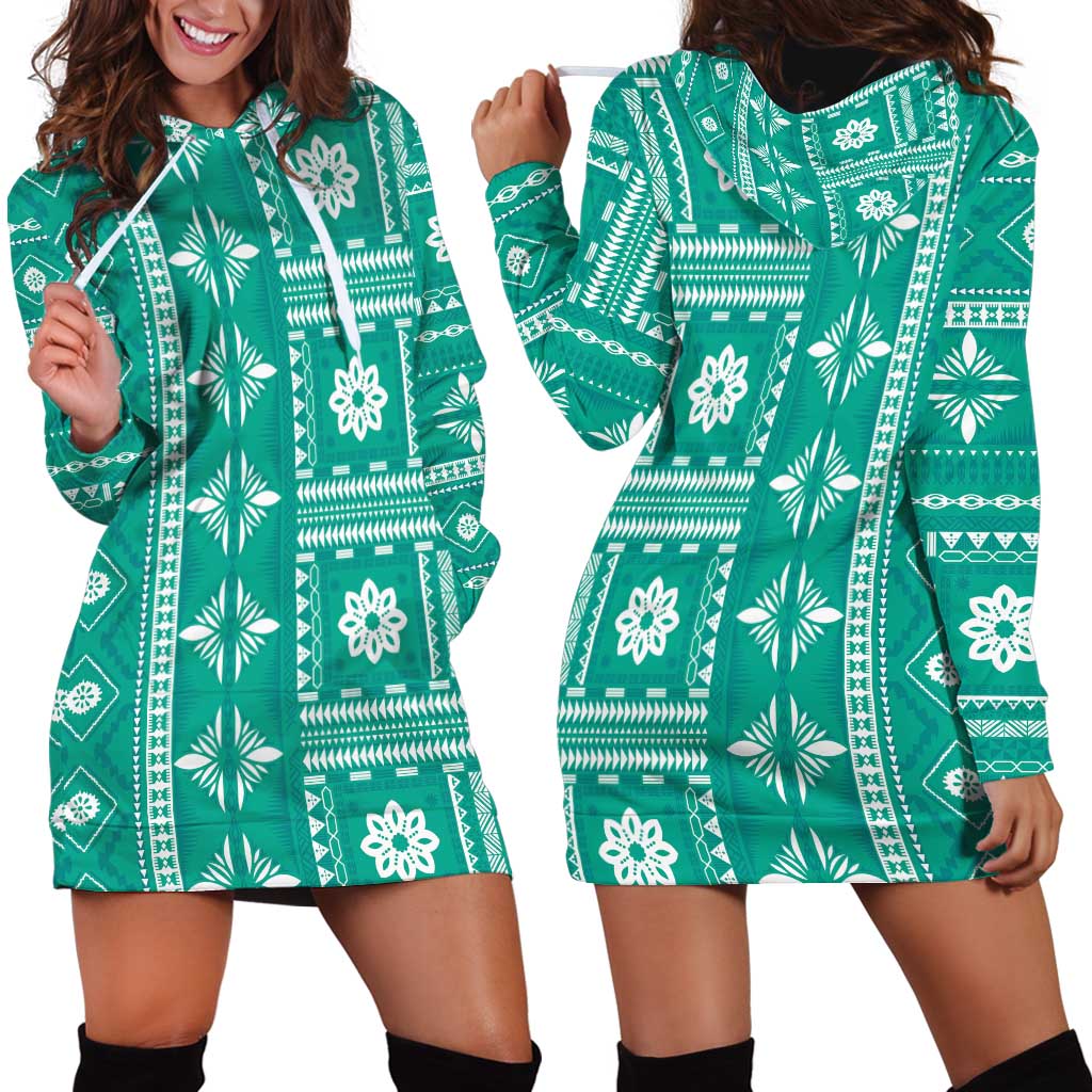 Fiji Masi All Teal Hoodie Dress Tapa Pattern - Polynesian Pride