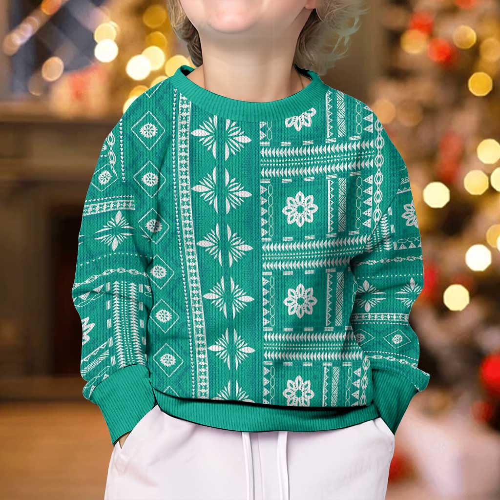 Fiji Masi All Teal Kid Ugly Christmas Sweater Tapa Pattern - Polynesian Pride