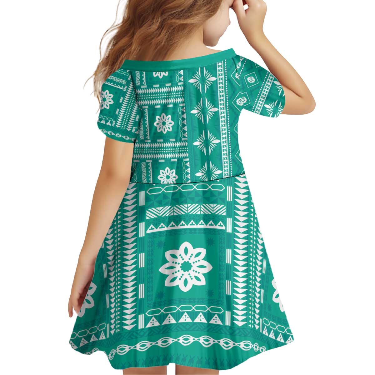 Fiji Masi All Teal Kid Short Sleeve Dress Tapa Pattern - Polynesian Pride
