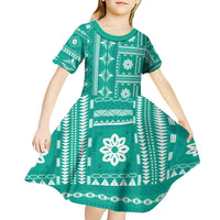 Fiji Masi All Teal Kid Short Sleeve Dress Tapa Pattern - Polynesian Pride