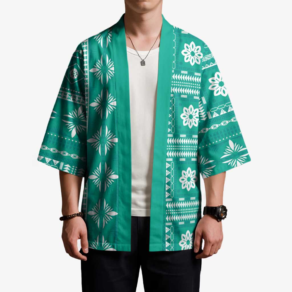 Fiji Masi All Teal Kimono Tapa Pattern - Polynesian Pride