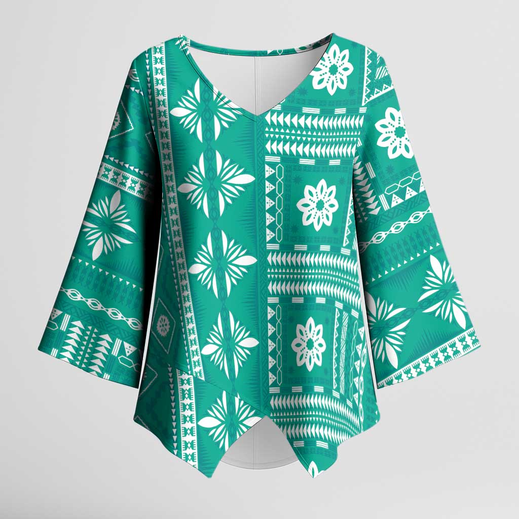 Fiji Masi All Teal Kimono Sleeve Blouse Tapa Pattern - Polynesian Pride