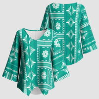 Fiji Masi All Teal Kimono Sleeve Blouse Tapa Pattern - Polynesian Pride